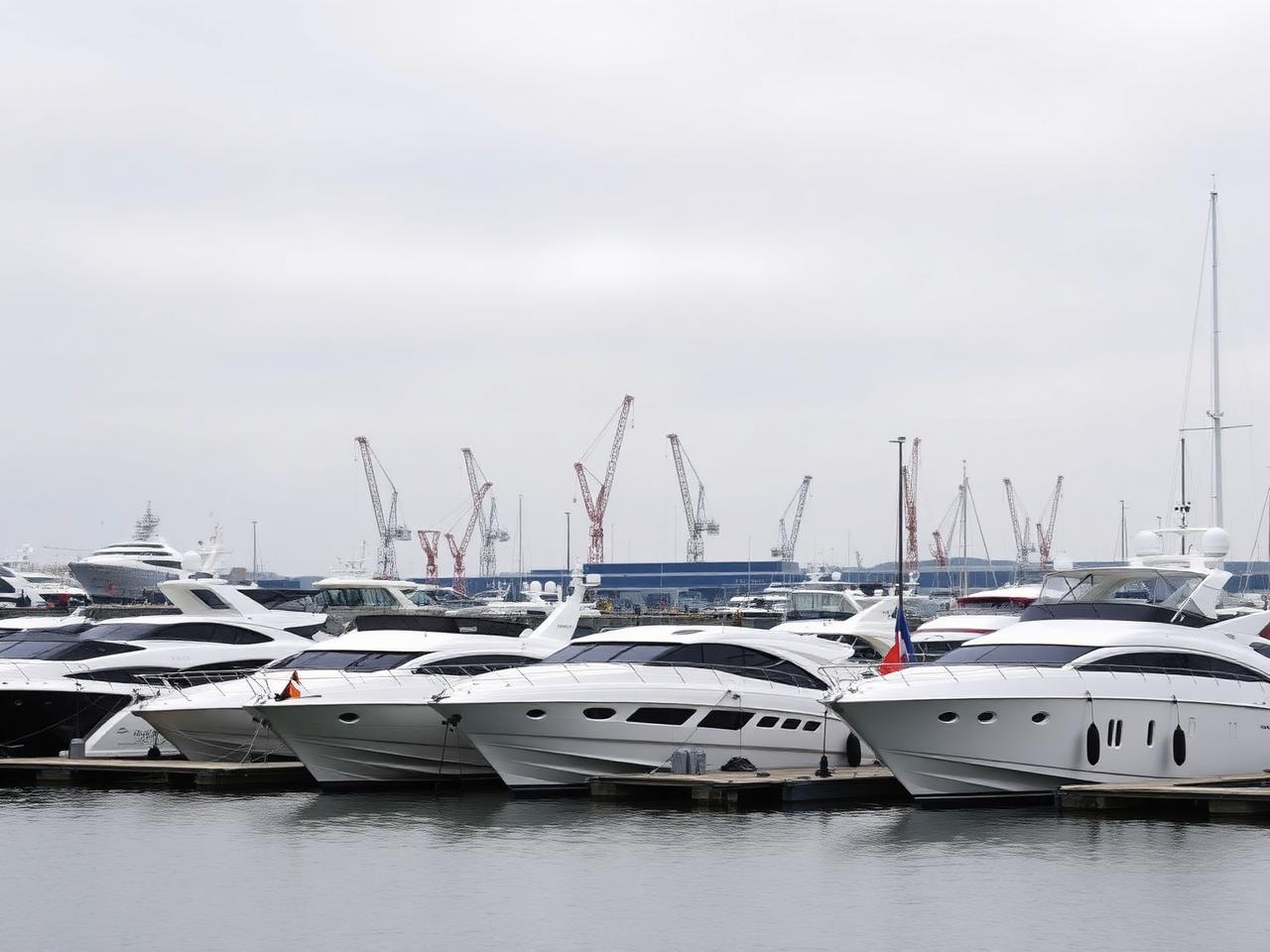 Yachts moored at Portsmouth marina with shipyard cranes in the distance