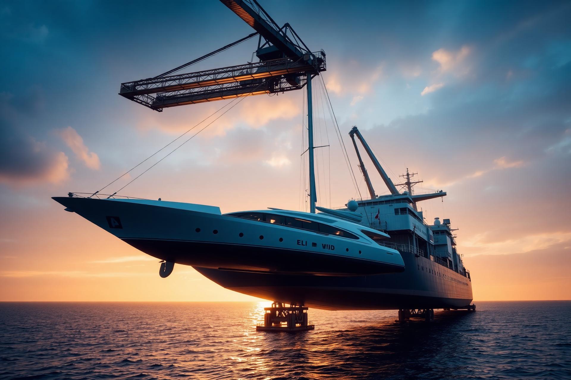 Luxury yacht being loaded onto a heavy-lift cargo vessel at sea